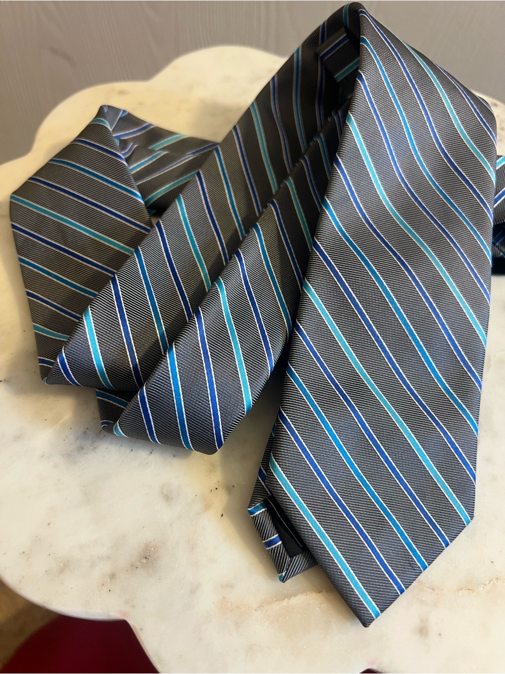 jf j.ferrar Gray Tie with Blue and Teal Diagonal Stripes